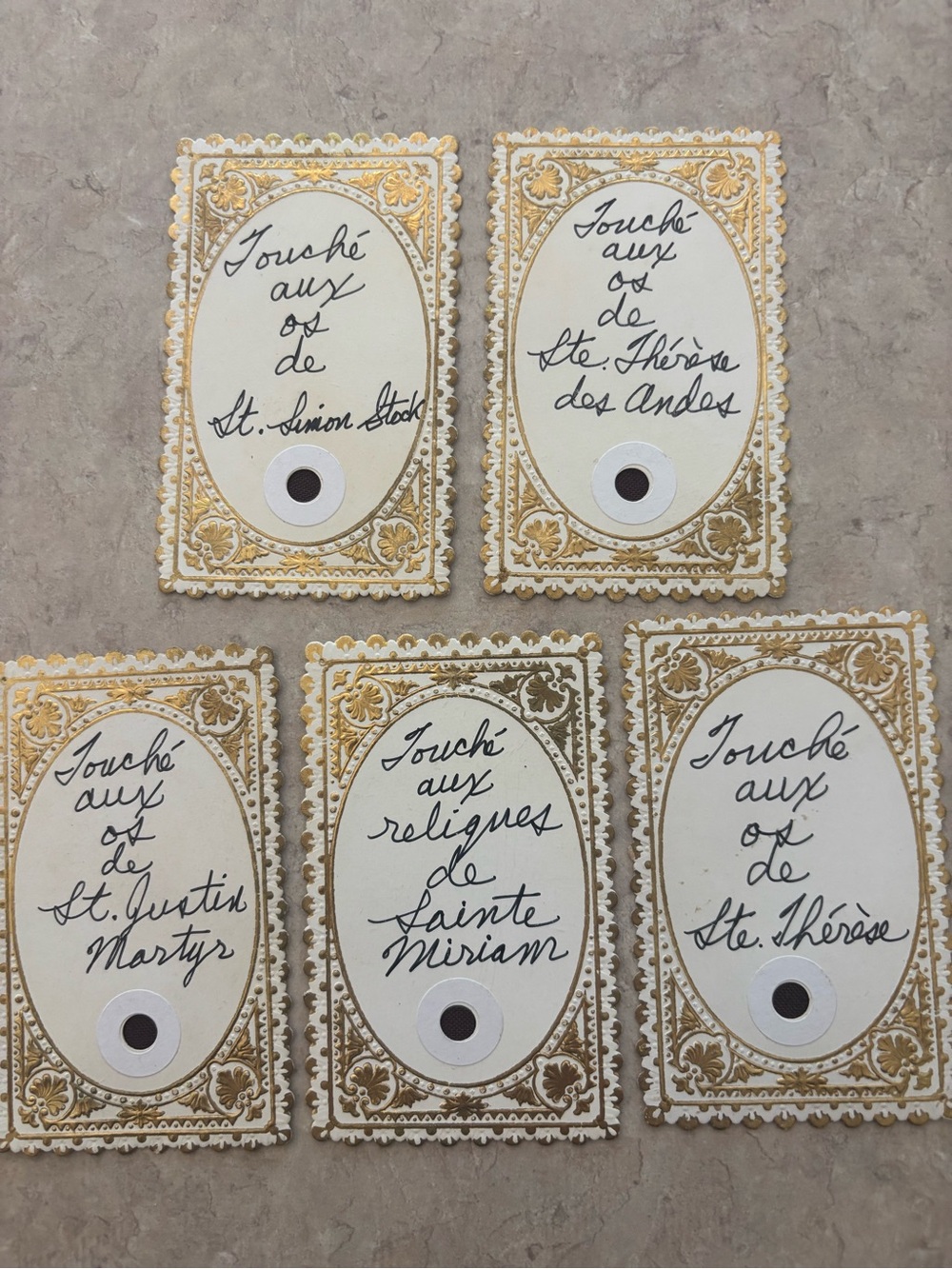 Vintage Gold Trim Religious Holy Card Lot - Handwritten French Labels